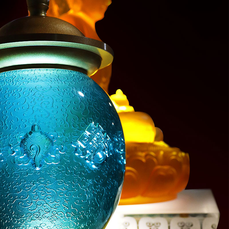 Màu Xanh Hoàng Gia Tám Biểu Tượng Tốt Lành Bàn Thờ Phật Giáo Thủy Tinh Pha Lê cúng dường